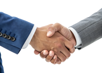 A business handshake between two people wearing suits with a black background in a studio shot