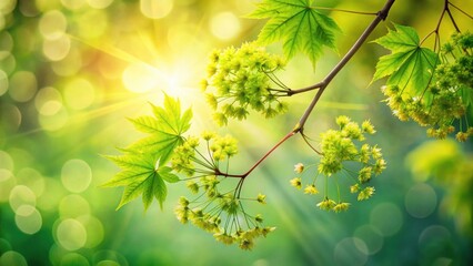 Obraz premium Radiant Springtime Branch with Vibrant Green Leaves and Blossoms Basking in Sunlight's Embrace