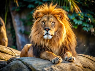 Naklejka premium Majestic French-Argentine Lion, Resting, Wildlife Photography, Big Cat, South American Lion, Powerful Animal, Animal Portrait, Close-Up, Nature Photography, Wild Cat