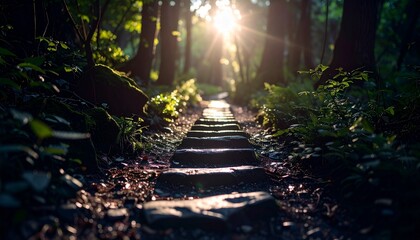 Camino de piedra a trav&eacute;s de un exuberante bosque verde al atardecer, fotograf&iacute;a hiperrealista,