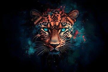 A digital artwork of a leopard with radiant blue eyes set against a vivid, abstract background of dark teal and crimson splashes. 