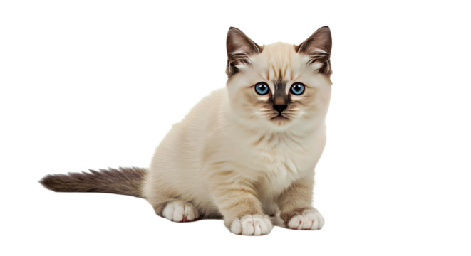 An adorable Birman kitten sits cutely, featuring soft fluffy fur, signature white paws (gloves), and bright blue eyes. Isolated on a white background.
