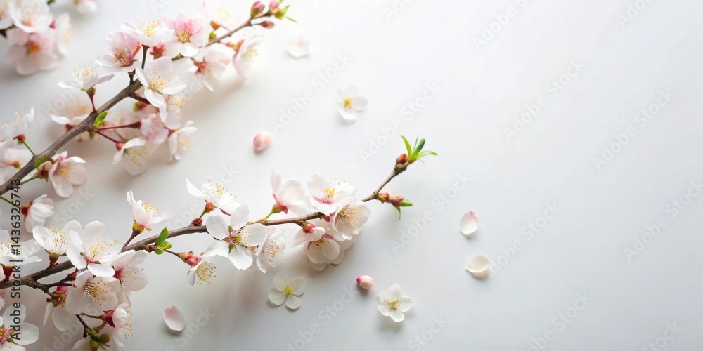 Poster delicate spring blossoms arranged on a white background, featuring soft pink and white petals, and g