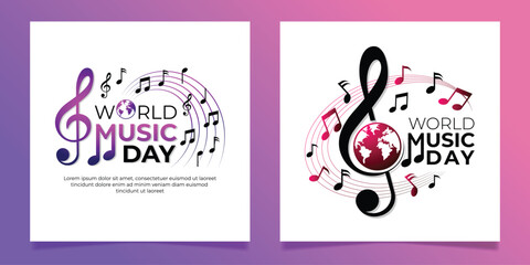 World Music Day Celebration sign or symbol, with Notes and Globe illustration