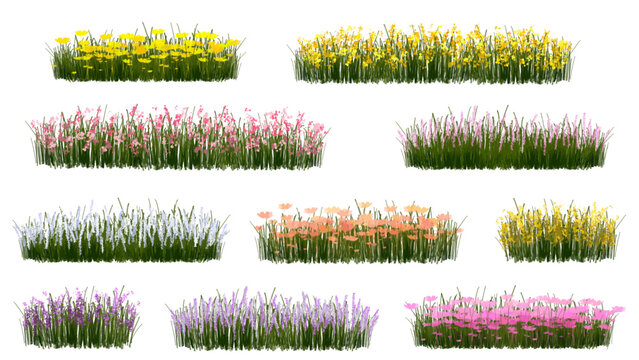 set of grass, Vertor set of spring blossom tree,blooming plants side view for landscape elevation and section,eco environment concept design,watercolor meadows illustration,colorful season