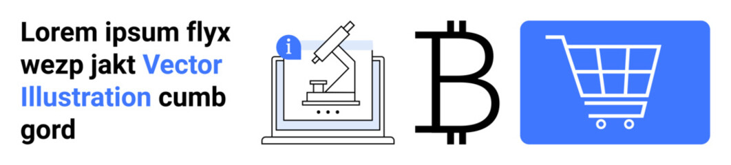 Microscope graphic on a computer screen, bitcoin symbol, large shopping cart. Ideal for science, technology, finance, cryptocurrency, e-commerce, education research simple landing page
