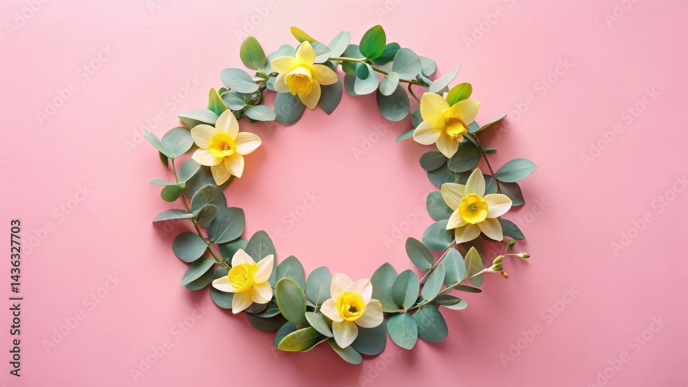 Poster a delicate arrangement of pale yellow daffodils and eucalyptus leaves forms a charming circular fram