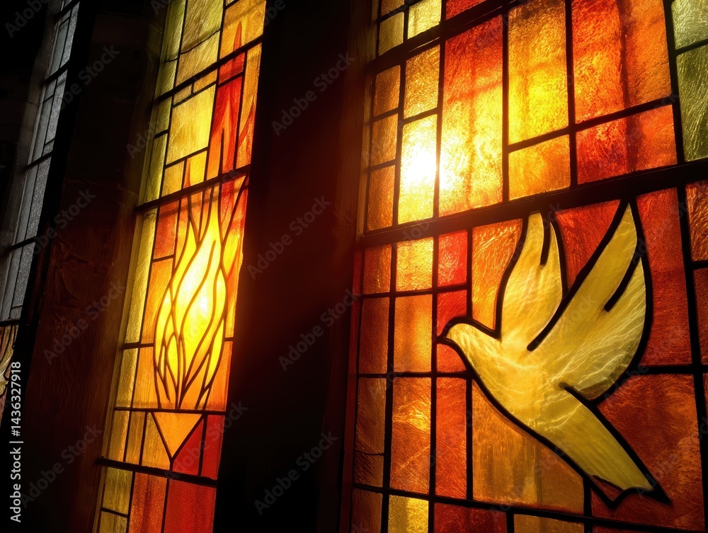 Poster stained glass window featuring fire and dove symbols with warm light passing through