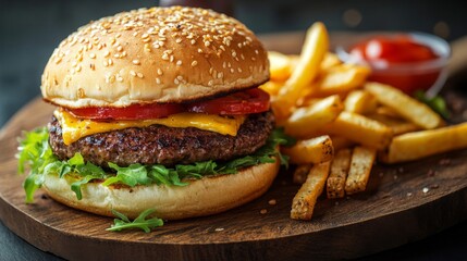 Juicy Cheeseburger with Golden Fries on Wooden Board