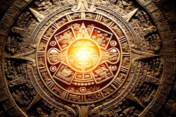 Intricate stone sun calendar illuminated by golden light revealing sacred symbols