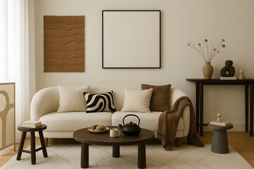 Frame mockup, ISO A paper size. Living room wall poster mockup. Interior mockup with house background. Modern interior design. 3D render