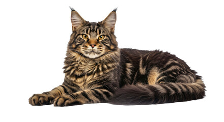 Fototapeta premium A calm Maine Coon cat lies down with a relaxed body, showcasing its luxurious thick fur. Full body large breed feline isolated on white.