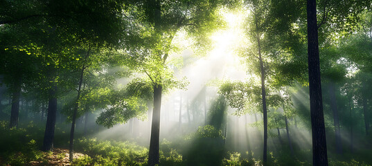 Fototapeta premium Beautiful rays of sunlight in a green forest