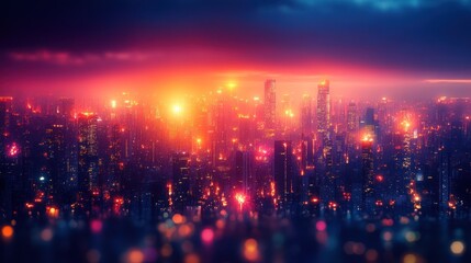 Obraz premium Futuristic Cityscape at Sunset: A Vibrant Panorama of Neon Lights and Skyscrapers