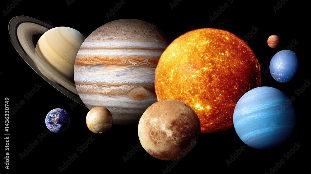 Poster planets in our solar system illustrating their distinct sizes and colors against a black background