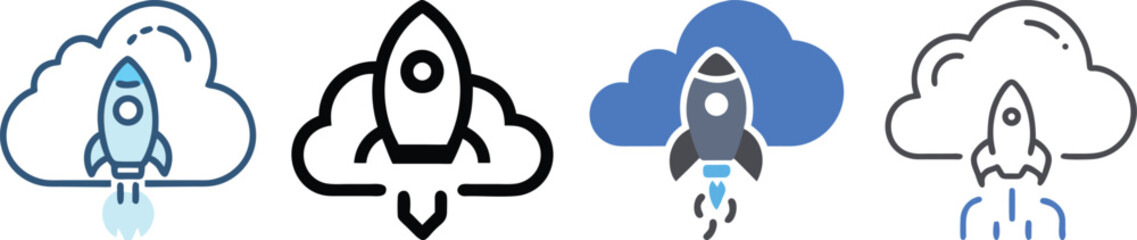 Cloud with Rocket Vector Icon Set, Digital Innovation and Launch Concept, Rocket to the Cloud