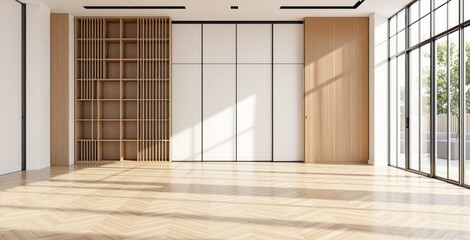 Obraz premium Modern interior design featuring wooden shelving, minimalist style, bright spacious room with large windows and natural light, concept of contemporary living. Ai generative