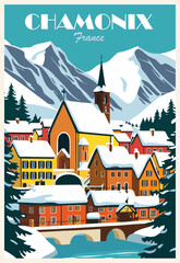 Chamonix, France ski poster in retro style. Winter landscape vector colorful illustration