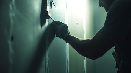 Man Installing Drywall in a Dimly Lit Room
