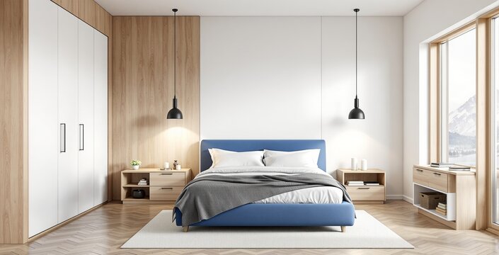 Modern bedroom interior design featuring blue bed, wood furniture, light walls, large window with mountain view, cozy and stylish concept. Ai generative