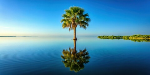 Obraz premium Serene Palm Tree Reflection in a Calm Body of Water Under a Clear Blue Sky
