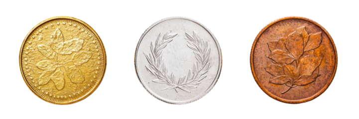 Gold, Silver, and Bronze Coins on Transparent Background for Stock Imagery