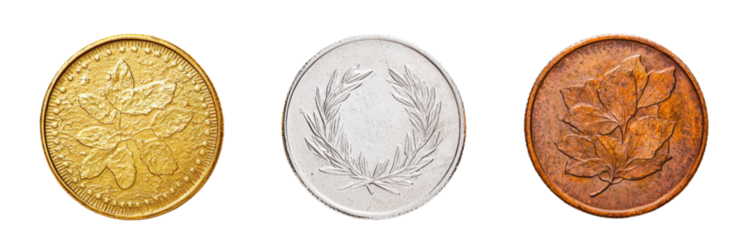 Gold, Silver, and Bronze Coins on Transparent Background for Stock Imagery