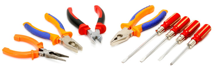 Set of tools (screwdrivers, nippers, pliers) isolated on white