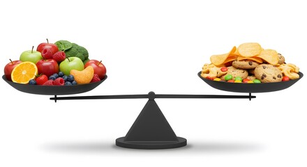 AI image illustrates a balancing scale comparing a plate of healthy fruits and vegetables against a plate of unhealthy junk food.