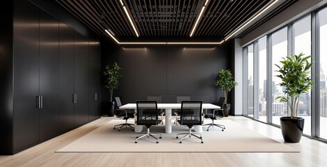 Contemporary office interior showing a stylish meeting area with modern furniture, wooden ceiling slats, panoramic city view background, concept of design. Ai generative