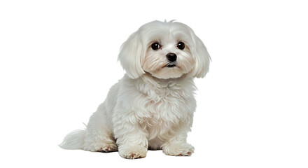 Obraz premium An elegant Maltese dog sits beautifully, showcasing its long, silky white coat and a sweet facial expression. Glamorous toy breed isolated on white.