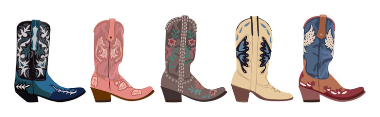 Set of different cowgirl boots. Traditional western cowboy boots decorated with embroidered wild west ornament. Vector illustrations on white background.