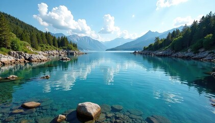 Irregular shaped lake with rocky shoreline and calm water, spring, clear
