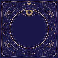 Modern magic witchcraft round astrology frame with all-seeing eye, stars, hands, sun and moon on blue background. Line art occult vector illustration
