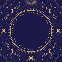 Modern magic witchcraft round astrology frame with galaxy, stars, sun and moon on blue background. Line art occult vector illustration