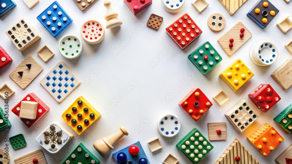 Poster A Colorful Array of Assorted Wooden Game Pieces Forming a Frame on a White Background