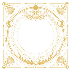 Modern magic witchcraft round astrology frame with moon phases, butterfly, flowers, stars, sun and moon isolated on white background. Line art occult vector illustration