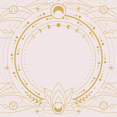 Modern magic witchcraft round astrology frame with Four elements, lotus, stars and moon phases isolated on white background. Line art occult vector illustration