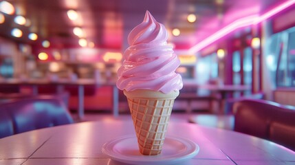 Pink Soft Serve Ice Cream Cone in Retro Diner