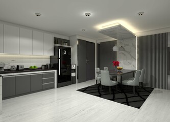 3D interior design for a kitchen and dining area with a dining set and decorative wall panels.