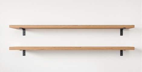 Two wooden floating wall shelves mounted with metal brackets on a plain white wall, minimalistic modern interior design concept, Ai generative