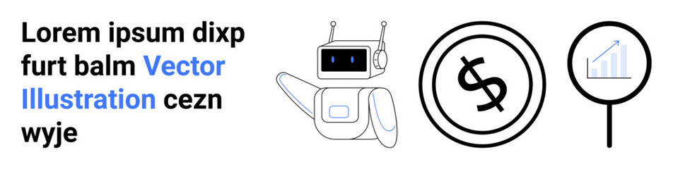 Friendly robot pointing to currency circle and analytics chart in magnifier. Ideal for technology, finance, innovation, AI, data analysis, investments, economic growth abstract line flat metaphor