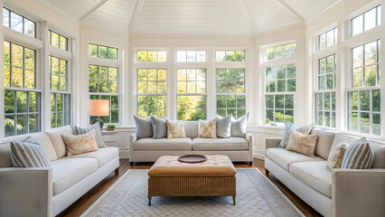 Fototapeta premium Bright cozy living room with large windows, white sofas, soft cushions, and wicker ottoman creating charming airy space filled with natural light