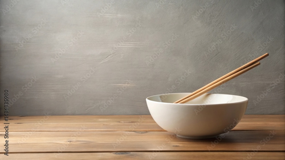Poster simple wooden chopsticks resting on the rim of a pristine white bowl, set against a rustic wooden ta