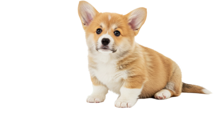 Adorable Pembroke Welsh Corgi puppy sits with a fluffy coat and curious eyes looking attentively. Cute young herding dog isolated on white.