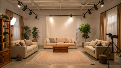 Naklejka premium Cozy living room with beige sofas, wooden coffee table, soft rug, indoor plants, and warm lighting creating comfortable and inviting atmosphere