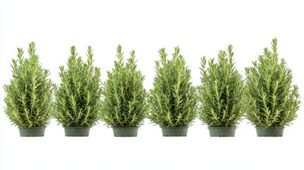 Row of rosemary plants in pots, vibrant greenery, isolated on white.