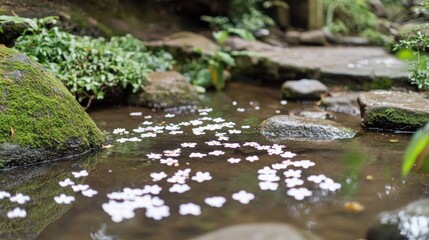 Fototapeta premium Delicate blossoms drift on a tranquil garden stream.