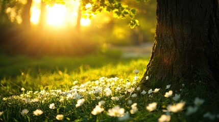 Obraz premium Sunlit meadow with blooming white flowers beneath a large tree, evoking a peaceful morning vibe.