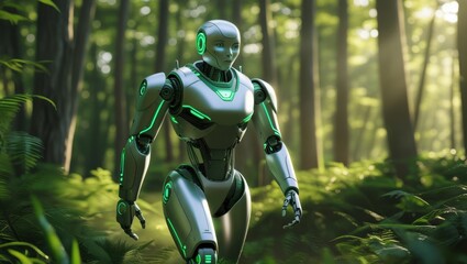 Fototapeta premium futuristic robot walking through enchanting forest